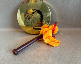 vintage dime store brass metal Asian Gong with embossed dragon design