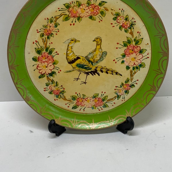 vintage dime store celadon green lacquerware plate with bird design