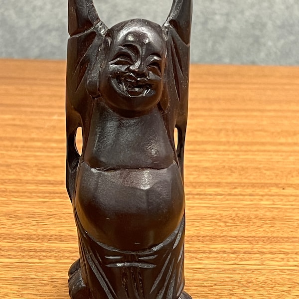 vintage dime store happy Hotei wooden statue rosewood finish