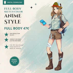 Può includere: Un'illustrazione digitale in stile anime di un personaggio che indossa un cappello beige, una camicia chiara abbottonata, pantaloncini marroni e stivali alti marroni. Il personaggio tiene in mano un oggetto blu luminoso e porta uno zaino.