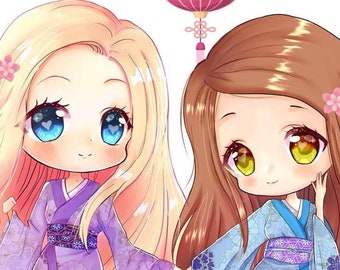 Family and couples Portrait, CHIBI COMMISSION, 2characters, baby or pet. Gift for her | manga | fan art anime cartoon