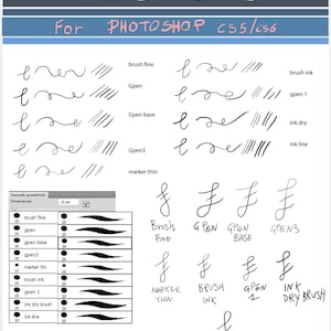 May include: A digital illustration of different ink brush styles for Photoshop CS5 and CS6. The image shows a variety of brush strokes, including brush fine, gpen, gpen base, gpen3, marker thin, brush ink, gpen 1, ink dry brush, and ink line.