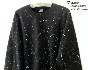 Hand painted White paint splatters on a Black crewneck sweatshirt, shooting stars , Fleece, Streetwear sweater, Unisex Large