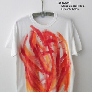 Hand Painted Abstract Art Tee: Red Orange Yellow Design, Unisex Large