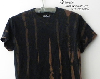 Acid wash  Black T-shirt,  with abstracted folded vertical stripes, reverse acid wash, stripes, boho, tie dye, Small, Unisex