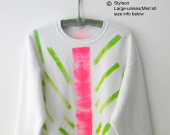 Hand Painted Fluorescent Pink and Lime Green abstract stripes on a White crewneck sweatshirt Mid Century Vibe, Unisex, Large