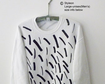 Hand Painted Black mid century design on a on white Crewneck Sweatshirt, Fleece, Unisex, Large