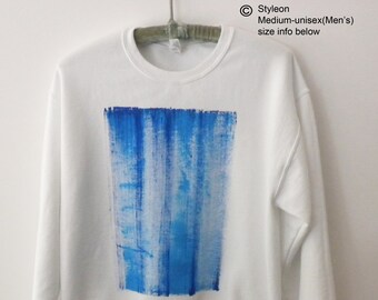 Hand-painted Geometric Sweatshirt: Blue White Fleece, Unisex