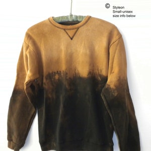 Small black crewneck sweatshirt dip dye in an acid wash for an orange top with drips and splashes.  Unisex, small