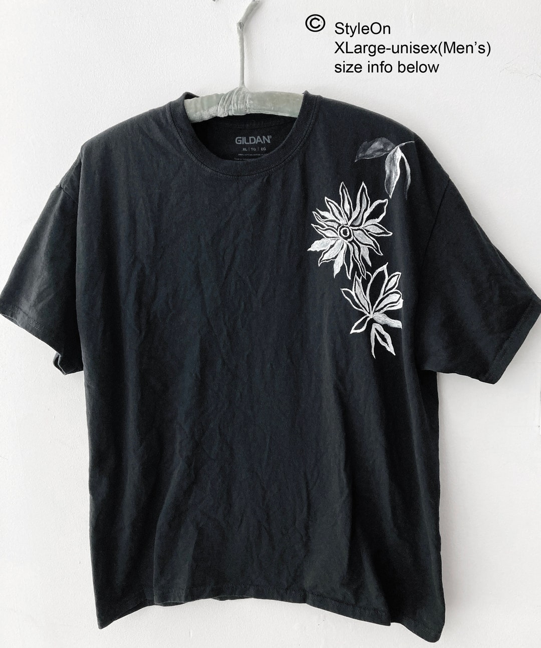 White Hand Painted Flowers and Leaves on a Black T-shirt, Graphic ...