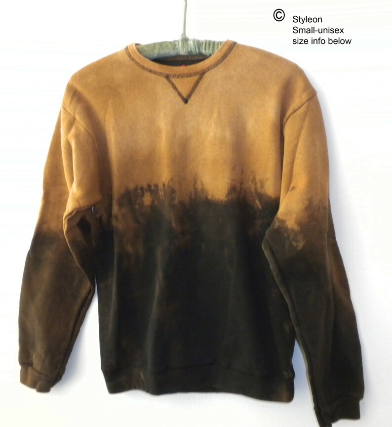 Small black crewneck sweatshirt dip dye in an acid wash for an orange top with drips and splashes.  Unisex, small