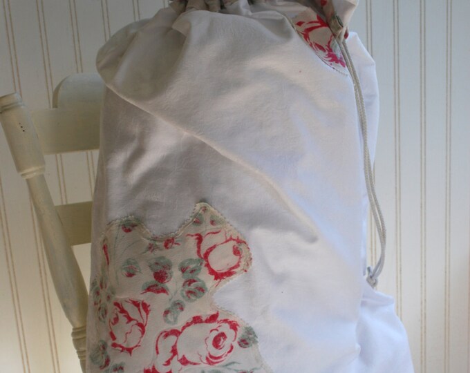 Laundry Bag Vintage Repurposed Fabric White and Shabby Floral With a