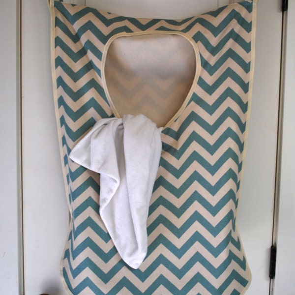 Laundry Bag Hamper Hanging--Blue Chevron Fabric