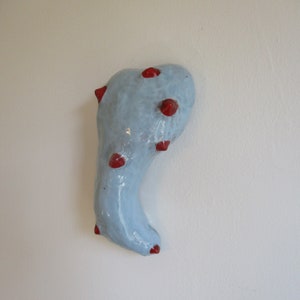 May include: A light blue ceramic sculpture with red, rounded protrusions. The abstract form is mounted on a white wall. The sculpture has a glossy finish and a unique, organic shape.