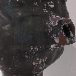 May include: A dark ceramic sculpture of a head with an open mouth. The head is primarily dark gray with white and brown accents. The sculpture has a rough, textured surface.