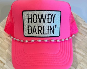 Howdy Darlin' Trucker Hat: Glitter Leather Patch, Country Concert Cap