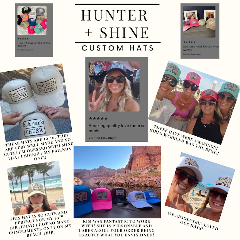 Puede incluir: Un collage de gorras personalizadas con varios dise&ntilde;os y textos, incluyendo "Oak Park Soccer" y "Vacay Mode". La marca "Hunter + Shine" se muestra de forma destacada. Las gorras vienen en varios colores, como rosa, azul y blanco, con rese&ntilde;as de clientes.