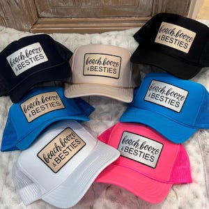 Custom beach, booze and besties trucker hat with leather patches-patch hat-bachelorette party hats-vacation hats-girls trip hat
