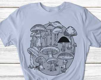 Printed Black Mushroom Graphic on Light Blue Unisex T-Shirt