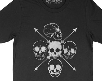 Printed White Skulls and Arrows Graphic on Black Unisex T-Shirt