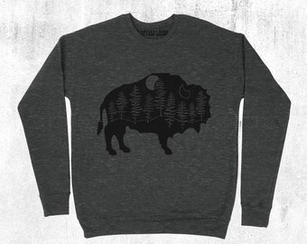 Printed Black Buffalo with Forest on Heather Gray Unisex Fleece Sweatshirt