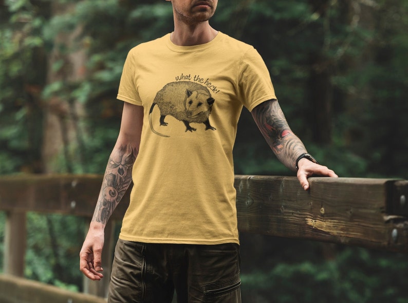 Printed What the heck Opossum in black on Mustard Yellow Unisex T-Shirt image 1