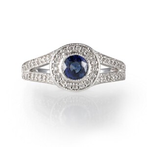 Sapphire and Diamond Halo Engagement Ring
