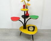 50s 60s Tall PLANT TABLE 5 triangle Levels with yellow-red-green-black Vinyl, Rockabilly Mid Century Modern Era Germany