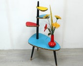 50s 60s Tall PLANT TABLE 4 triangle Levels w center stem with blue-red-yellow Vinyl, Rockabilly Mid Century Modern Era Germany