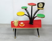 50s 60s Large PLANT TABLE 6 Levels Trapezoid shape, red-green-yellow Vinyl, German Rockabilly Mid Century Modern Era