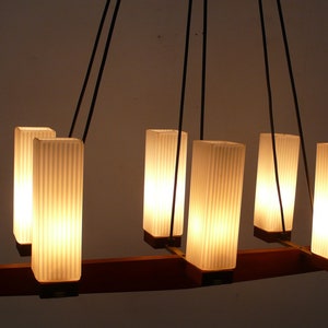 Mid Century Teak Pendant Lamp 6 lights white Glass tubes rectangle with vertikal grooves, 50s 60s