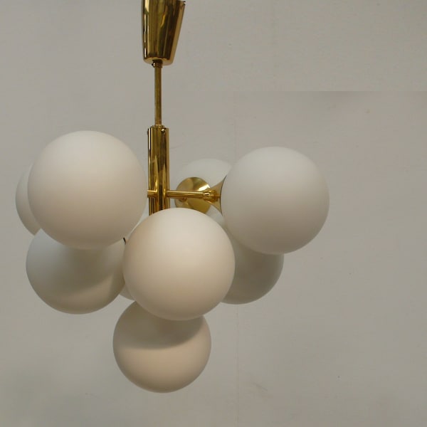 60s Space Age Ceiling Lamp 9 lights by Schulz & Adam white glass ball shades on brass frame German Mid Century Modern