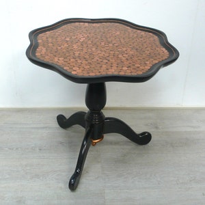 Old Side Table round, Antique Style 40s, solid Wood in Black with Euro-Coins on the surface