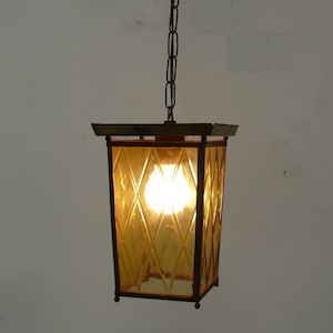 40s 50s Pendant Lantern Lamp, Brass Frame and Amber Glass, German Hallway Lamp
