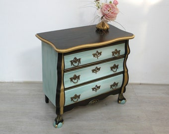 Little Dresser 3 drawers Louis Philippe Style Shabby Mint + Gold accents on dark oak, antique style repro