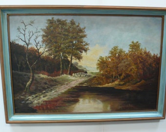 1930s Oilpainting Shepherd with flock of sheep on forest road in East Prussia, signed by amosqua