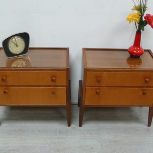 Two 60s Bedside Cabinets, Nightstands 1 folding door 1 drawer Walnut, Mid Century Modern