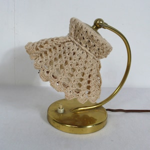 Vintage Bedside Table Lamp, Brass Base, Cream Crochet Shade, Mid Century Germany