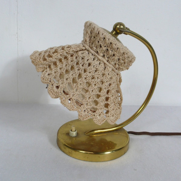 40s Bedside Table Lamp, Brass Base, Cream Crochet Shade, Mid Century Modern Germany