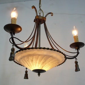 Chandelier by Kögl Antique Style 4 candle style lights + round milk glass shade, Art Nouveau style