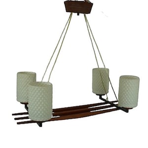 Mid Century Teak Pendant Lamp 4 lights white Glass tubes Prism Glass, German 50s 60s