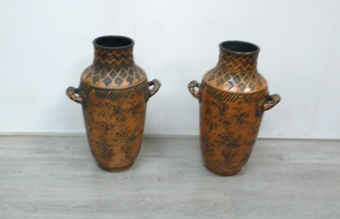 Two Large Ceramic Floor Vases W/ Handles in Copper Style Beige W/ Aztec Pattern German