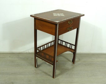 1910s Sewing Table 2 drawers, 4 compartments inside Art Nouveau Era, Walnut + Cream Accents, German Antiques