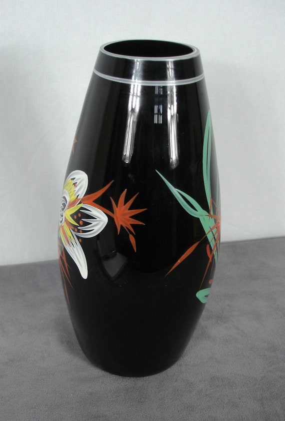 60er Schwarze Hyalith Glass Vase von Ilmenau Thüringen, Florales Muster, Ilm-Kristall Mid Century