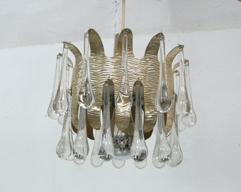 70s Glass Crystal Chandelier, 26 Glas Drop Crystals on Annodized Aluminum vintage