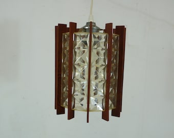 60s 70s Teak Pendant Lamp w/ Acrylic Prism Shade, German Mid Century Modern