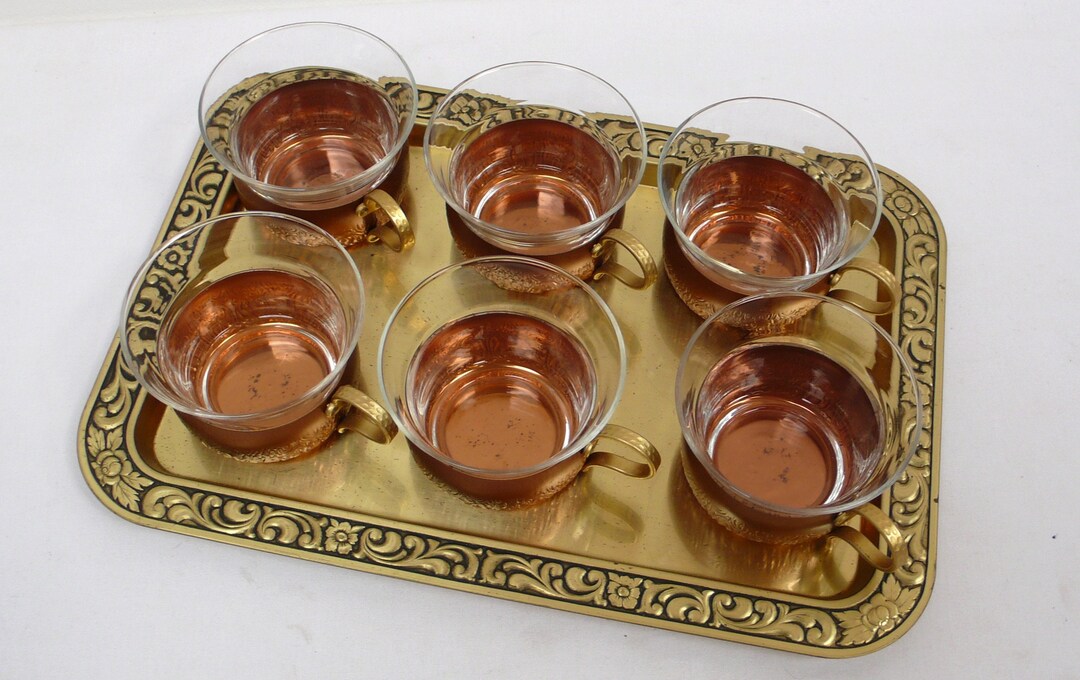 Copper Tea Glass Set W/ 6 Glasses in Copper Cup-holder W/ Brass Handle ...