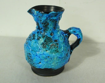 50s 60s Fat Lava Vase Jug w/ handle Turquoise on Black Studio Art Mid Century Germany