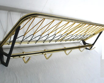 50s 60s Hallway Coat Rack w/ Hat Rest in Gold + Black, in a German Bus Overhead Compartment style Mid Century Modern