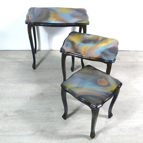 3-Set Nesting Tables Coffee Tables Queen Ann Style, beautified in black + colorful marbled Epoxy Art in brown-gold-blue